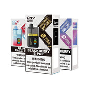IJOY XP50000 disposable vape device in Blackberry B-Pop flavor, featuring visible e-liquid, 50K puff capacity in normal mode and 30K in boost mode, 5% nicotine, displayed in retail packaging alongside Blue Razz Ice and Berry flavors.